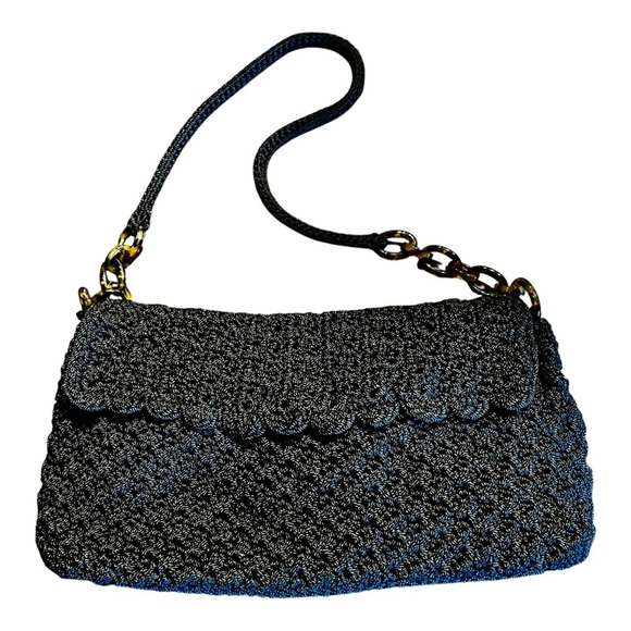The Sak Black Crochet Scalloped Shoulder Purse with Tortoise Chain Strap - Picture 1 of 4